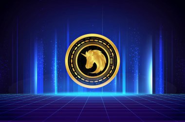 5 cm 'lik ağ ve dijital arkaplanda bozuk para logosu görüntüsü. 3d illüstrasyon.