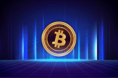 Dijital arkaplandaki bitcoin-btc logosunun görüntüleri. 3d illüstrasyon.