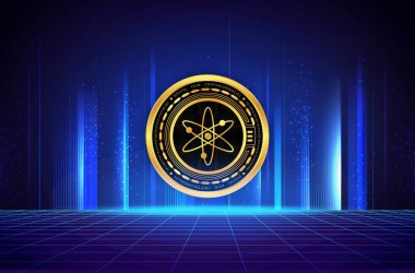 Dijital arkaplanda kozmos-atom kripto para birimi görüntüleri. 3d illüstrasyon.