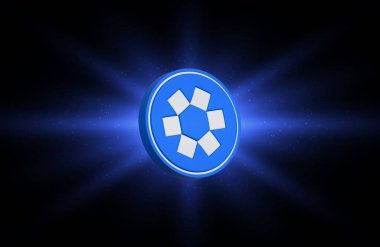 Dijital arkaplanda omni ağ-omni şifreli para birimi logoları. 3d illüstrasyon.