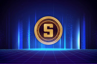  Soyut arka planda kum havuzu ve sanal para birimi logosu. 3d illüstrasyon.