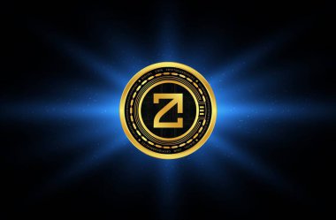 Soyut arkaplanda zetachain-zeta kripto para birimi logosu çizimleri. 3d illüstrasyon.