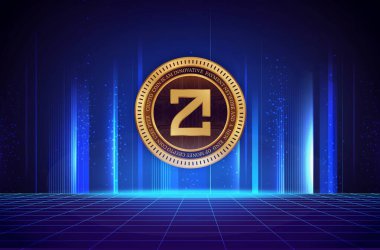 Soyut arkaplanda zetachain-zeta kripto para birimi logosu çizimleri. 3d illüstrasyon.