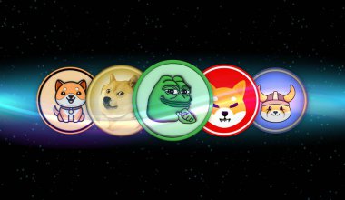 Dijital arkaplanda çeşitli memecoin logoları var. 3d illüstrasyon.
