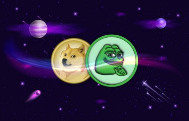 Dijital arkaplanda dogecoin ve pepe kripto para birimi resimleri. 3d illüstrasyon.