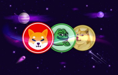 Dijital arka planda Shiba inu, dogecoin ve pepe para sanal para birimi görüntüsü. 3d illüstrasyon.