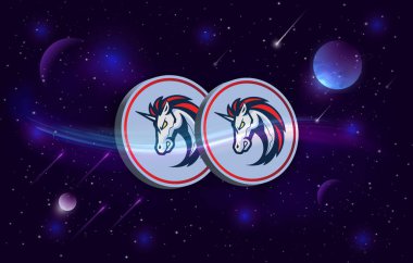 5 cm 'lik ağ ve dijital arkaplanda bozuk para logosu görüntüsü. 3d illüstrasyon.