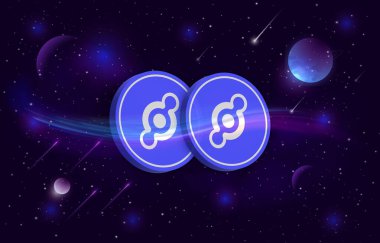 Dijital arkaplanda Helyum-hnt şifreli para birimi resimleri. 3d illüstrasyon.