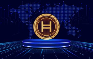 Dijital arkaplanda hedera hashgraph-hbar şifreli para birimi resimleri. 3d illüstrasyon.