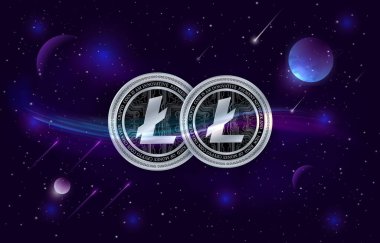 Dijital arkaplanda Litecoin-ltc şifreli para birimi logoları. 3d illüstrasyon.