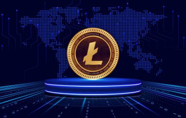 Dijital arkaplanda Litecoin-ltc şifreli para birimi logoları. 3d illüstrasyon.