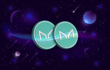 Dijital arka planda sanal para üreticisi-mkr madeni parasının bir görüntüsü. 3d illüstrasyon.