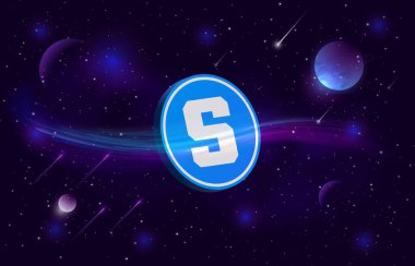  Soyut arka planda kum havuzu ve sanal para birimi logosu. 3d illüstrasyon.