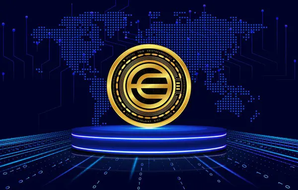 Dijital arka planda dünya para ve kripto para birimi logoları. 3d illüstrasyon.