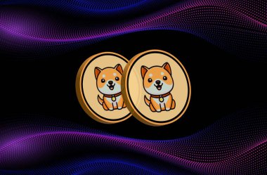 Bebek Doge dijital arka planda şifreli para birimi logoları. 3d illüstrasyon.