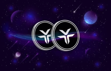 Dijital arkaplanda dexe kripto para birimi resimleri. 3d illüstrasyon.