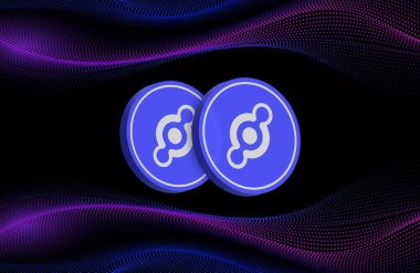 Dijital arkaplanda Helyum-hnt şifreli para birimi resimleri. 3d illüstrasyon.