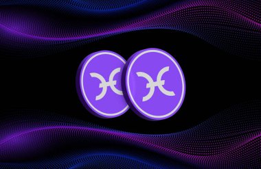 Gün batımında şehrin arka planında sanal zincir şeklinde şifrelenmiş para görüntüsü. 3d illüstrasyon.