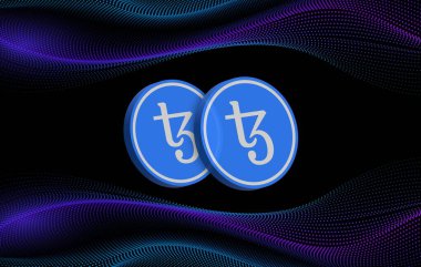 tezos-xtz virtual currency image in the digital background. 3d illustrations. clipart