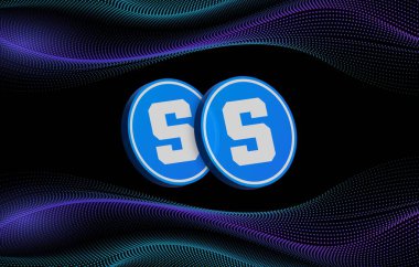  Soyut arka planda kum havuzu ve sanal para birimi logosu. 3d illüstrasyon.