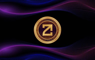 Soyut arkaplanda zetachain-zeta kripto para birimi logosu çizimleri. 3d illüstrasyon.