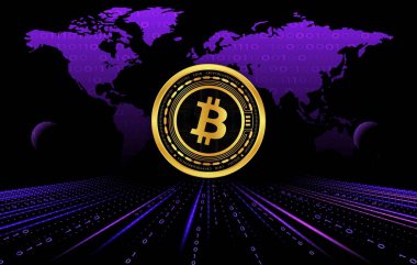 Dijital arkaplandaki bitcoin-btc logosunun görüntüleri. 3d illüstrasyon.
