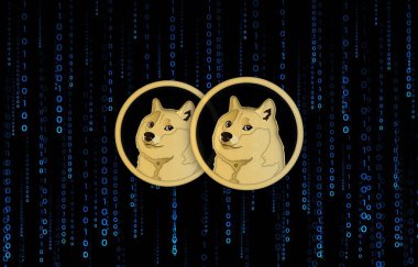 Dijital arkaplanda dogecoin-dog kripto para biriminin görüntüleri. 3d illüstrasyon.