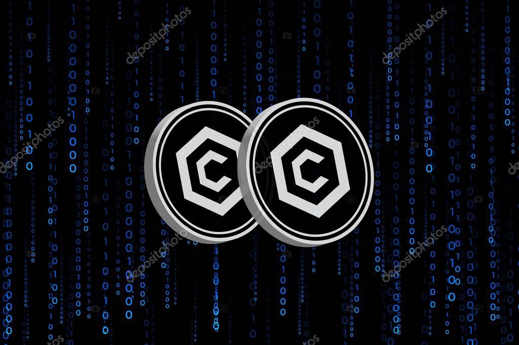 Cronos-cro cryptocurrency logos on digital background. 3d illustrations.