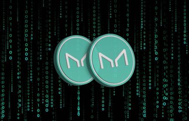 Dijital arka planda sanal para üreticisi-mkr madeni parasının bir görüntüsü. 3d illüstrasyon.