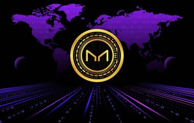 Dijital arka planda sanal para üreticisi-mkr madeni parasının bir görüntüsü. 3d illüstrasyon.