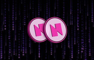 Dijital arkaplanda neon ev- neon-neon sanal para birimi görüntüleri. 3d illüstrasyon.