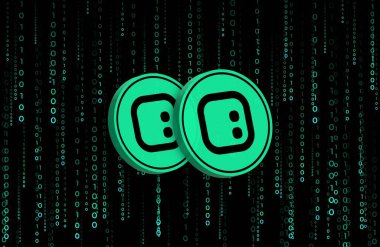 Dijital arkaplanda uzay kimlik kodlu şifreli para birimi logoları. 3d illüstrasyon.