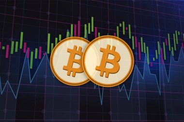 Dijital arkaplandaki bitcoin-btc logosunun görüntüleri. 3d illüstrasyon.