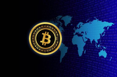Dijital arkaplandaki bitcoin-btc logosunun görüntüleri. 3d illüstrasyon.