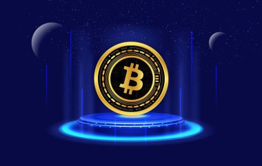 Dijital arkaplandaki bitcoin-btc logosunun görüntüleri. 3d illüstrasyon.