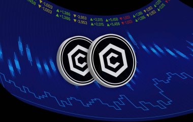 cronos-cro cryptocurrency logos on digital background. 3d illustrations. clipart