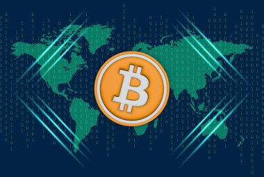 Dijital arkaplandaki bitcoin-btc logosunun görüntüleri. 3d illüstrasyon.