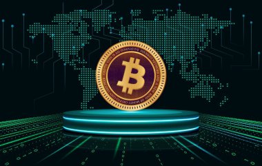 Dijital arkaplandaki bitcoin-btc logosunun görüntüleri. 3d illüstrasyon.