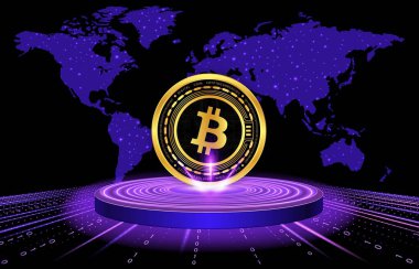 Dijital arkaplandaki bitcoin-btc logosunun görüntüleri. 3d illüstrasyon.