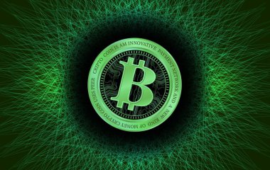 Dijital arkaplandaki bitcoin-btc logosunun görüntüleri. 3d illüstrasyon.