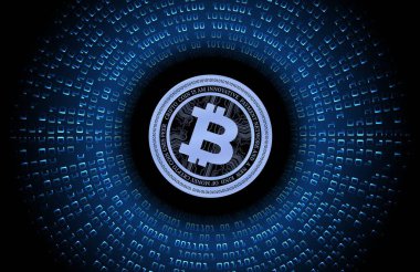 Dijital arkaplandaki bitcoin-btc logosunun görüntüleri. 3d illüstrasyon.
