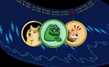 Dijital arkaplanda çeşitli memecoin logoları var. 3d illüstrasyon.