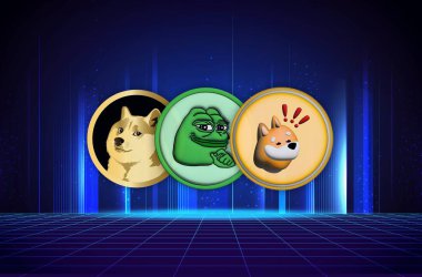 Dijital arkaplanda çeşitli memecoin logoları var. 3d illüstrasyon.
