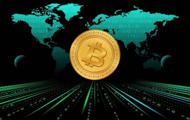 Dijital arkaplandaki bitcoin-btc logosunun görüntüleri. 3d illüstrasyon.
