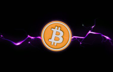 Dijital arkaplandaki bitcoin-btc logosunun görüntüleri. 3d illüstrasyon.