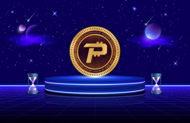 Dijital arkaplanda kripto para birimi logoları var. Pascal-Pasc madeni parası. 3d illüstrasyon.