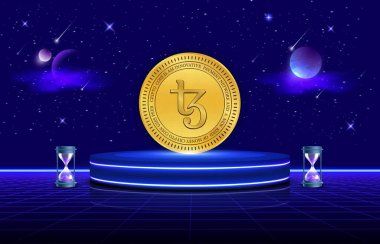 tezos-xtz virtual currency image in the digital background. 3d illustrations. clipart