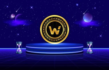 Woo ağı dijital arkaplanda sanal para birimi görüntüleri. 3d illüstrasyon.