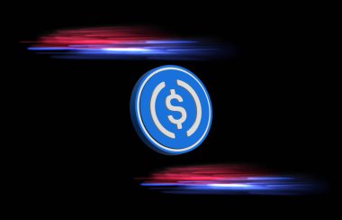 USDC dijital arkaplanda sanal para birimi görüntüleri. 3d illüstrasyon.