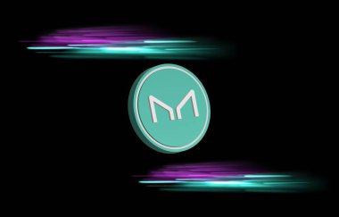 Dijital arka planda sanal para üreticisi-mkr madeni parasının bir görüntüsü. 3d illüstrasyon.